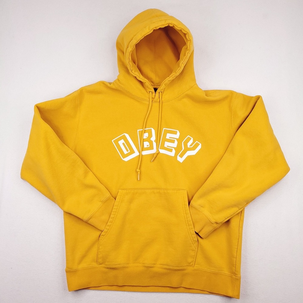 Obey Hoodie Womens Large Yellow Pullover Sweatshirt Heavyweight Y2K Oversized